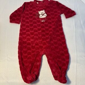 Vintage McBaby Red Plush Footed Pajamas 0-3 Months Teddy Bear‎ Applique Romper